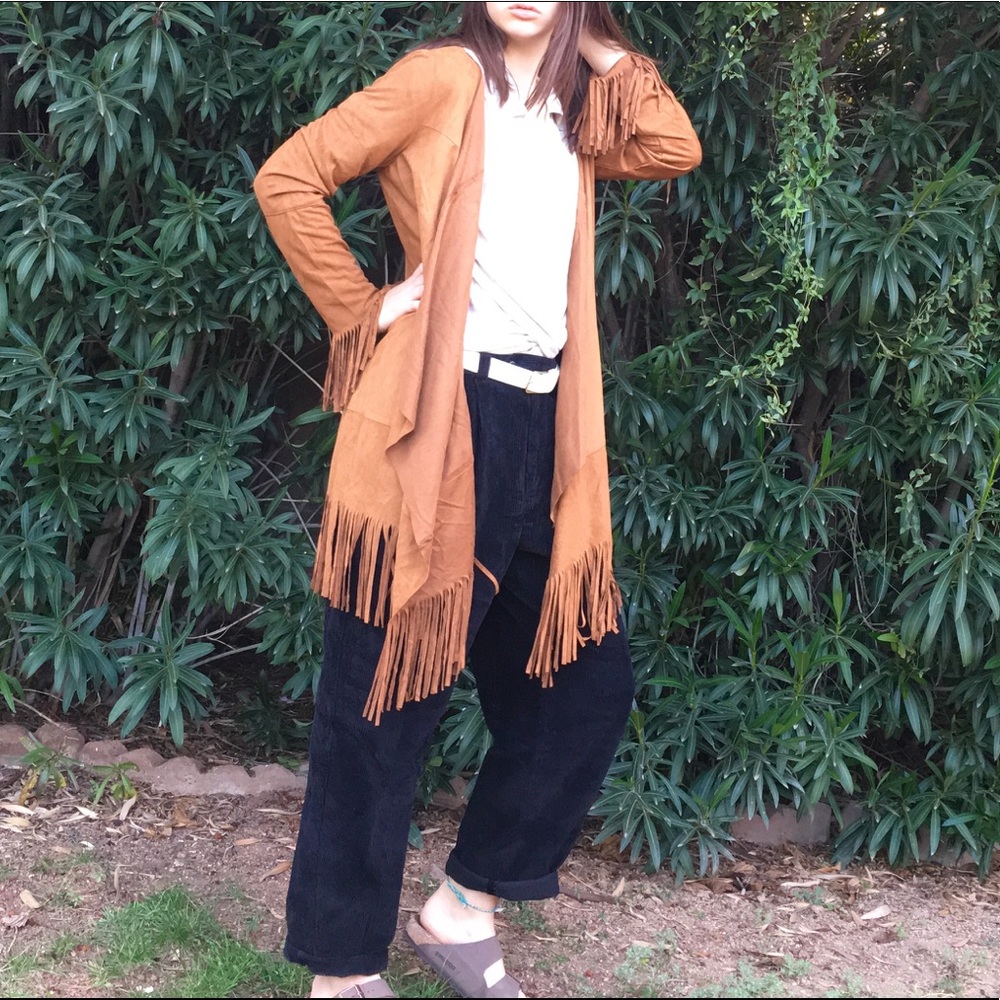 CAMEL BOHEMIAN KNEE LENGTH FRINGE JACKET